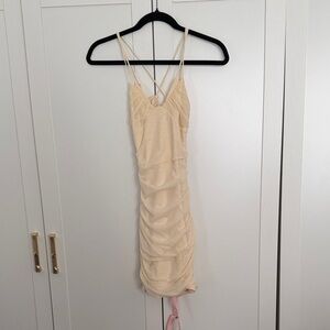 Oh Polly Cream Ruched Spaghetti-Strap Mini Dress